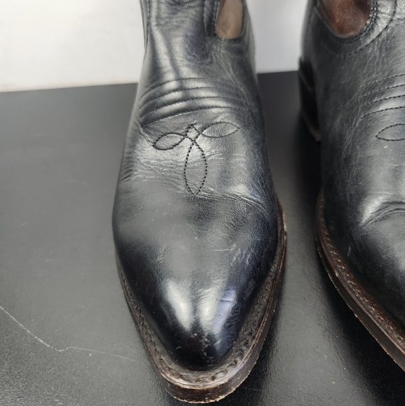 Frye Billy Cross Stitch Short Cowboy Western Heeled Booties Black/Brown 7 1/2 B - Picture 6 of 16